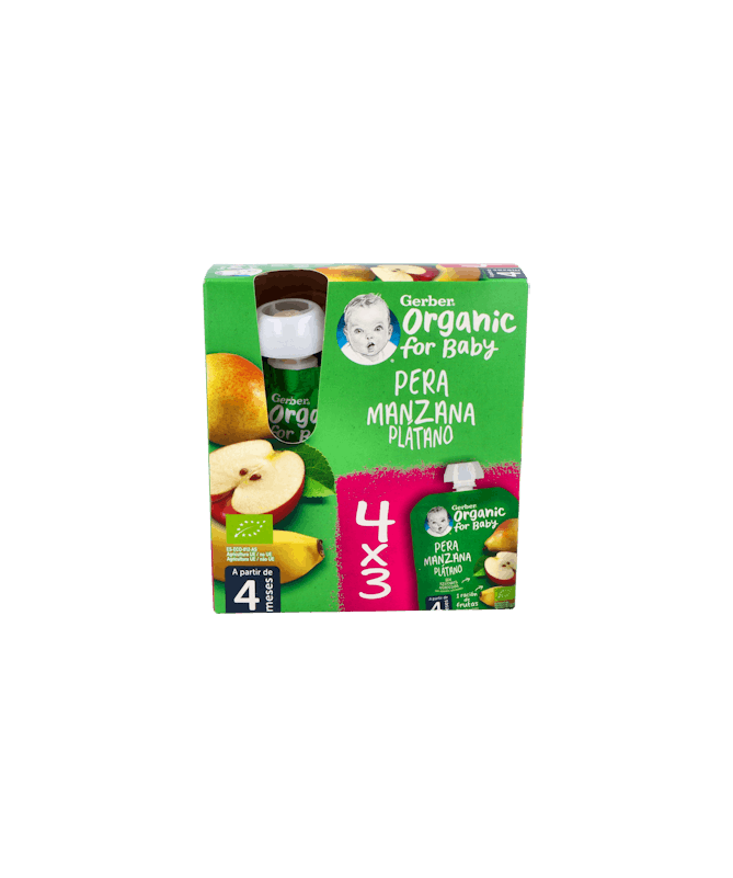 GERBER POUCH ORGANI PERA MANZ PLAT 4x90G – foto del producto cada gerber pouch