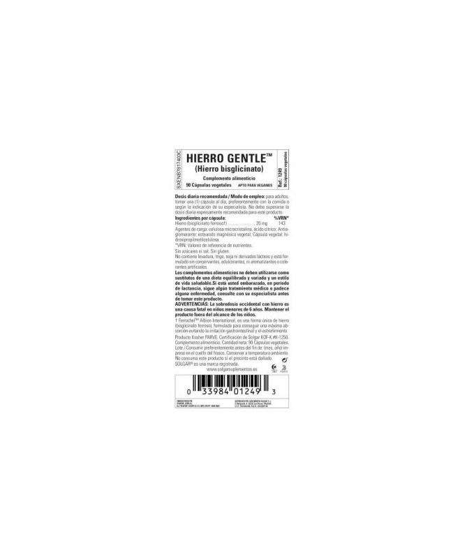 HIERRO GENTLE NO ESTRI E 20MG 90CAP – foto del producto hierro cápsula vegetal